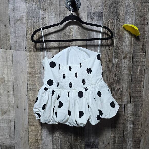Blenca White and Navy Strapless Tube Polka Dot Peplum Top - Picture 2 of 4